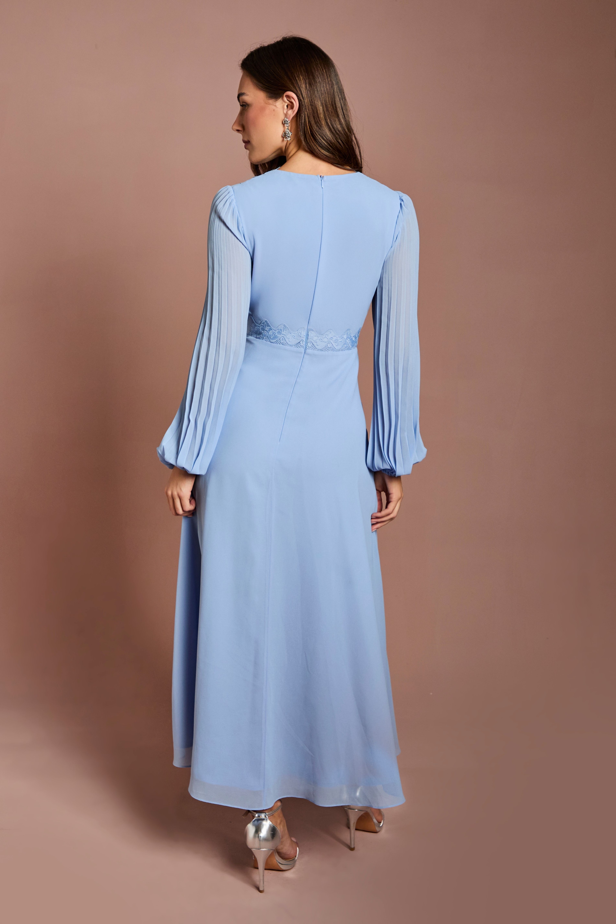 Coast Pleat Detail Lace Trim Maxi Dress Light Blue image 3