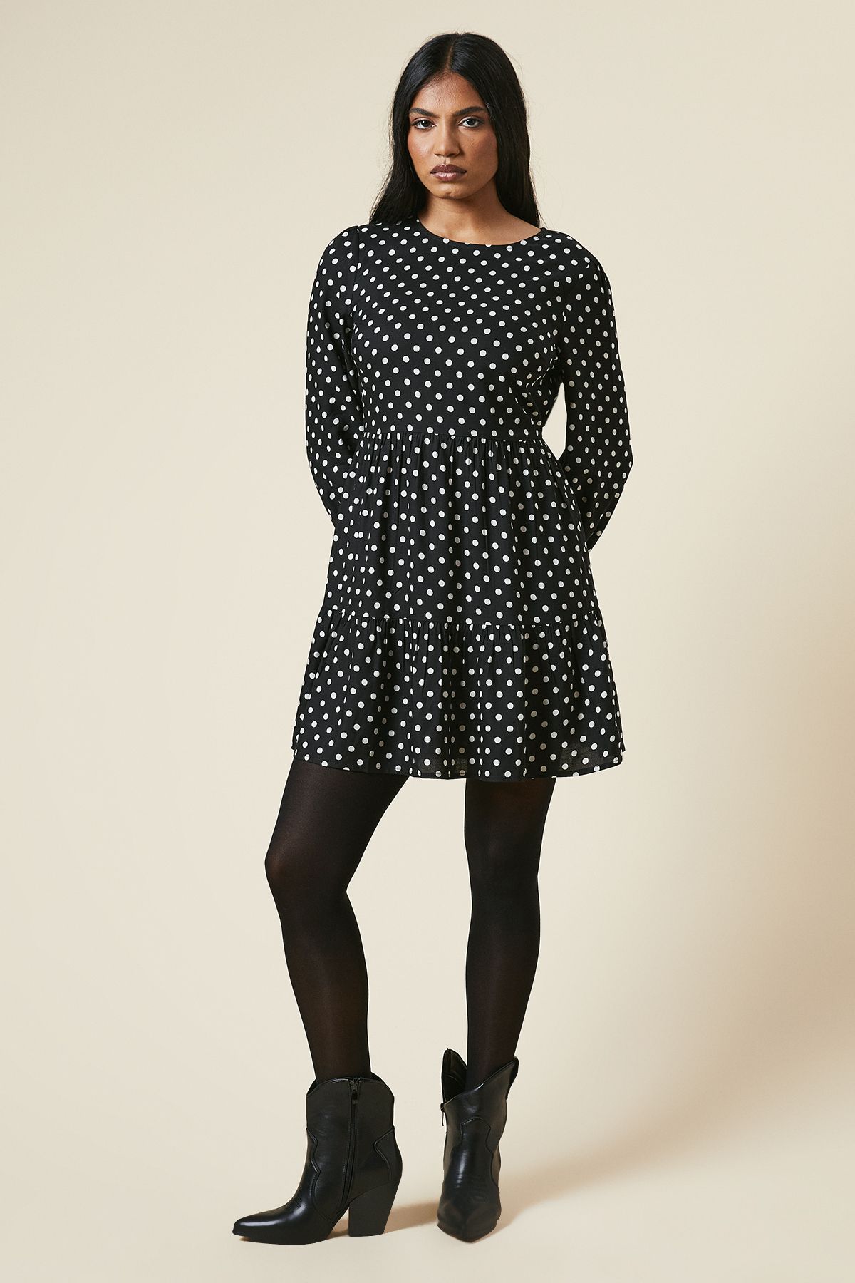 Dorothy Perkins Petite Black Spot Tiered Hem Mini Dress Black image 2