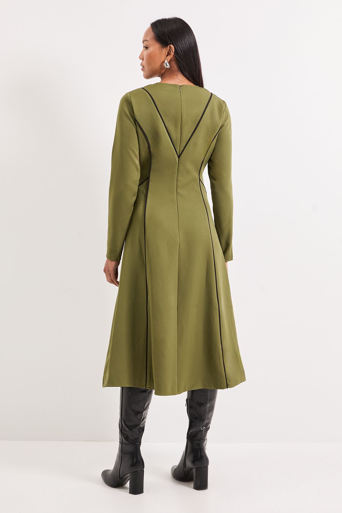 Principles Contrast Seam Detail Fit & Flare Crepe Midi Dress Olive image 3