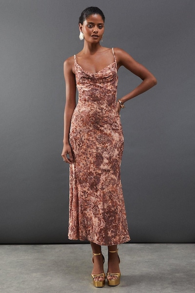 Warehouse Floral Burnout Cami Strappy Slip Dress Rust