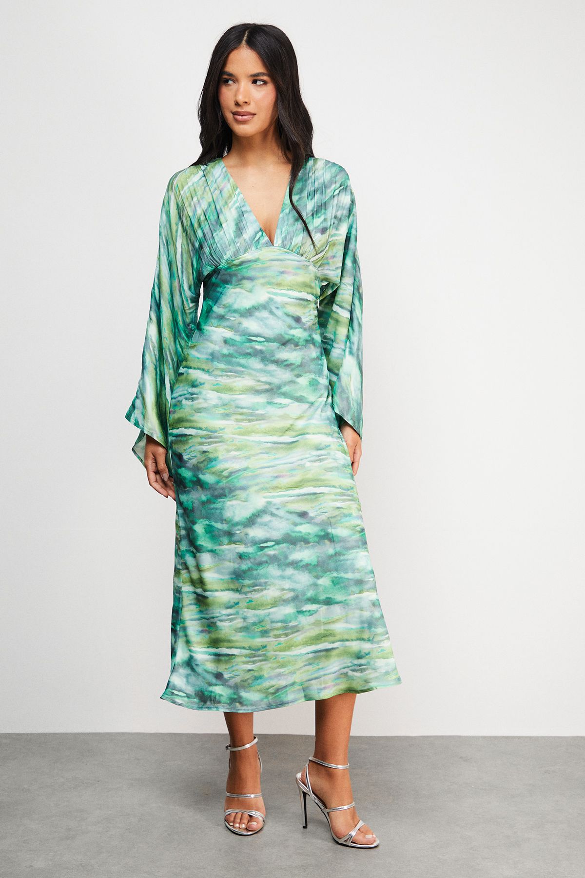 Warehouse Flare Sleeve Plunge Satin Midi Dress Green image 4