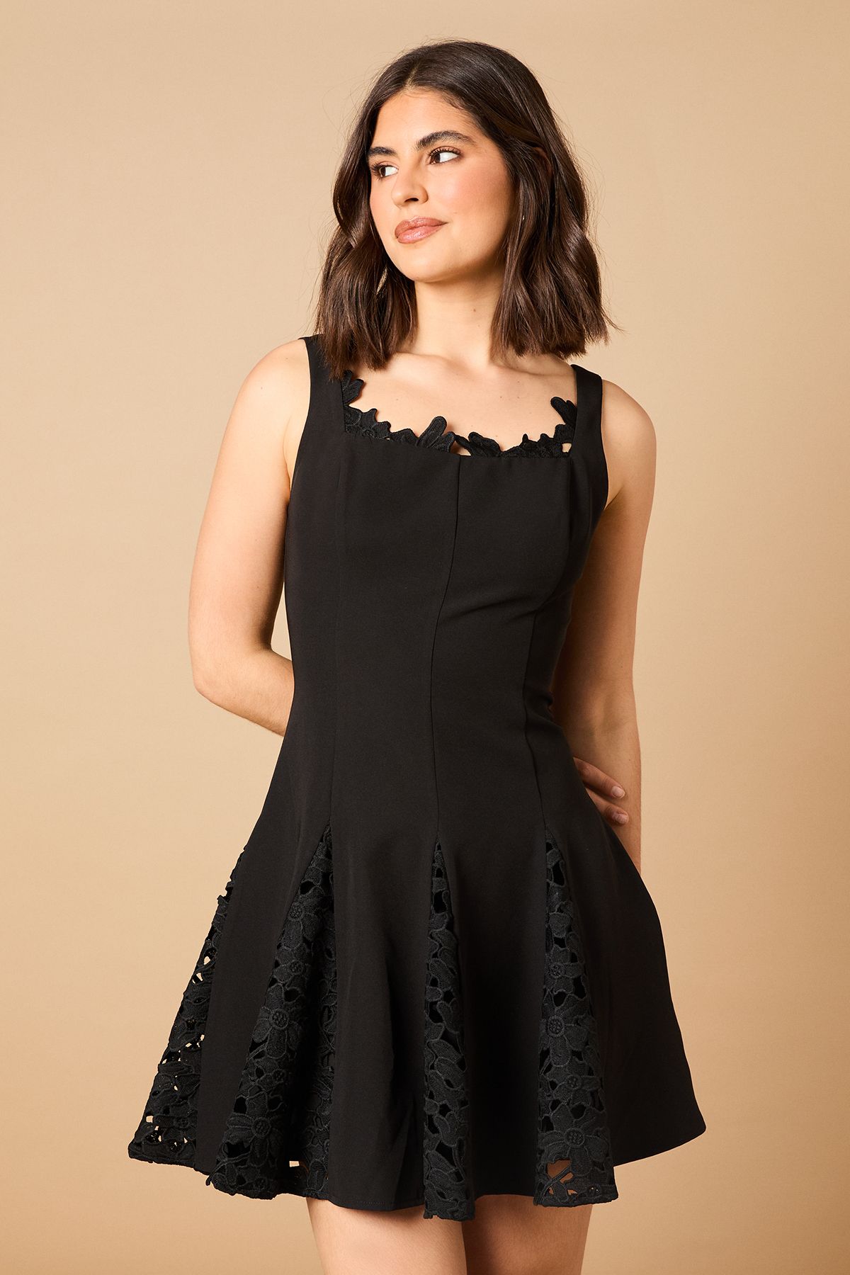 Oasis Lace Godet Square Neck Mini Dress Black image 2