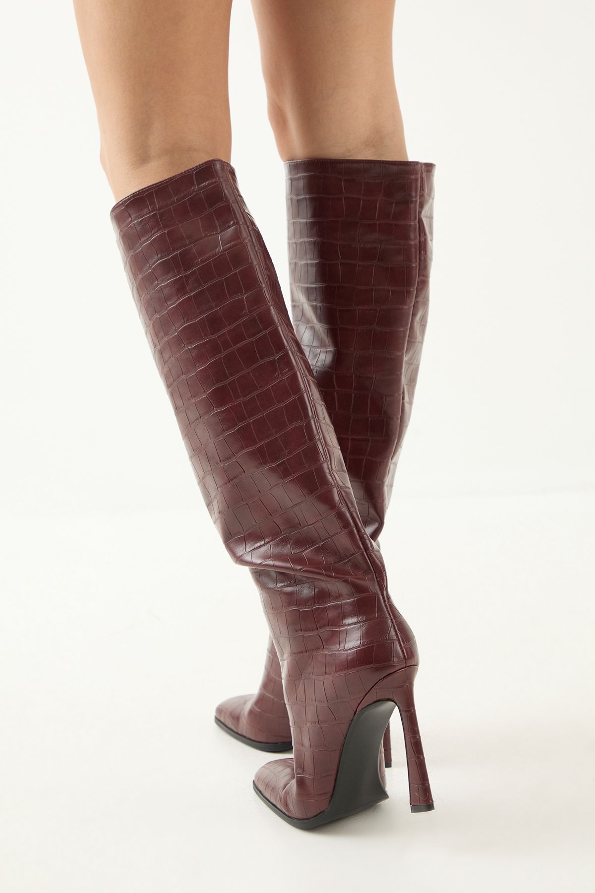 MissPap Faux Croc Leather High Flared Stiletto Heel Knee Boots Burgundy image 3