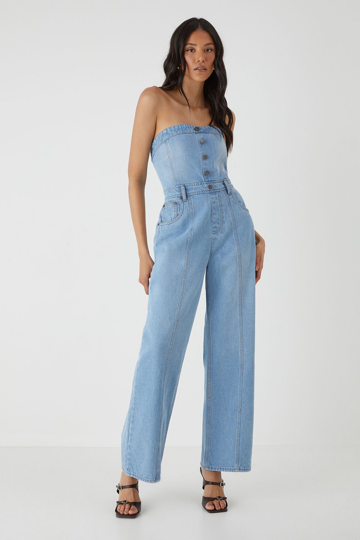 MissPap Denim Button Front Bandeau Jumpsuit Light Wash image 3