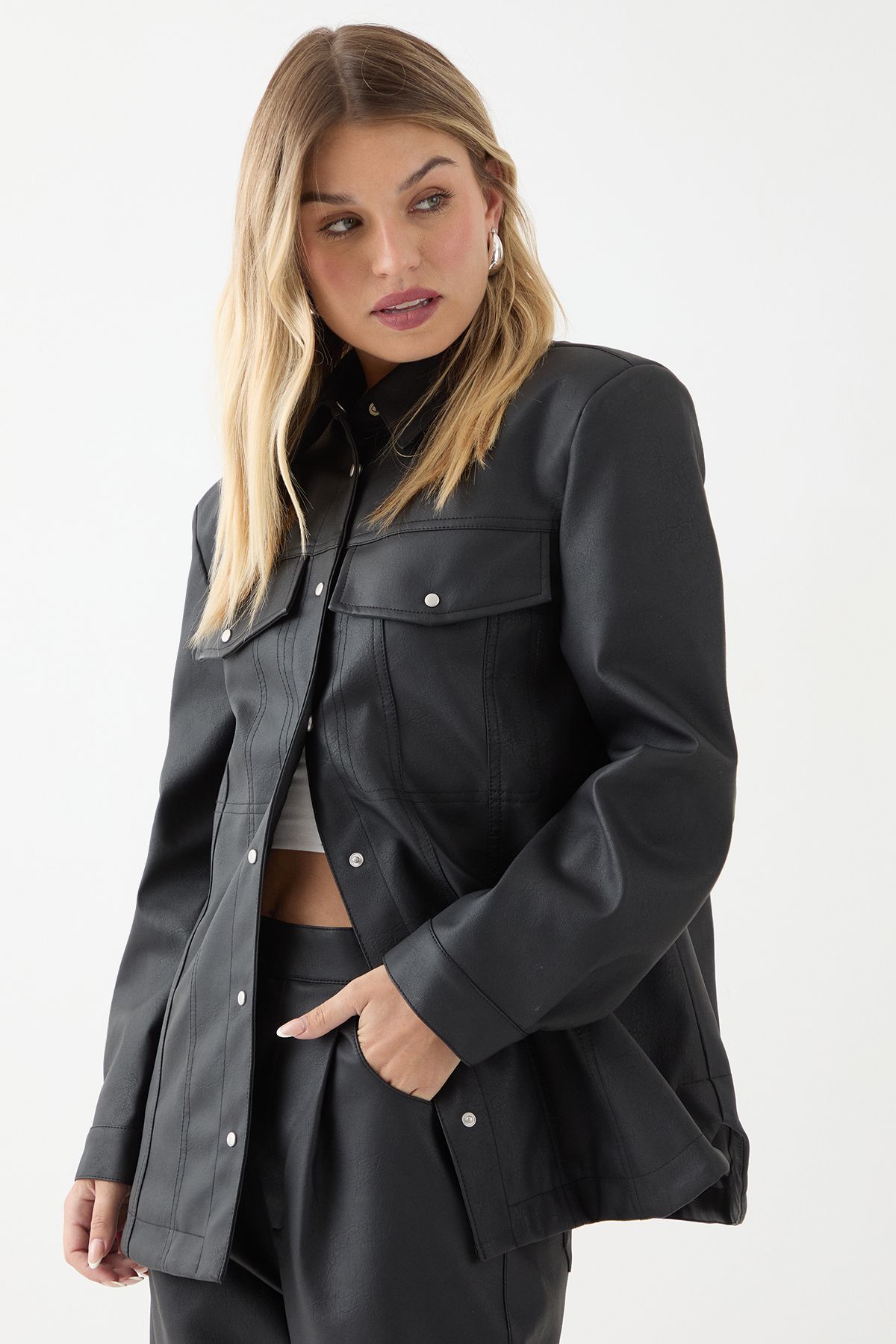 MissPap Faux Leather Shoulder Pad Shirt Black image 1