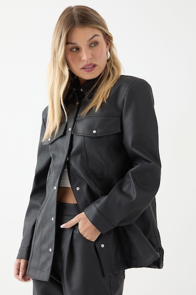 MissPap Faux Leather Shoulder Pad Shirt Black