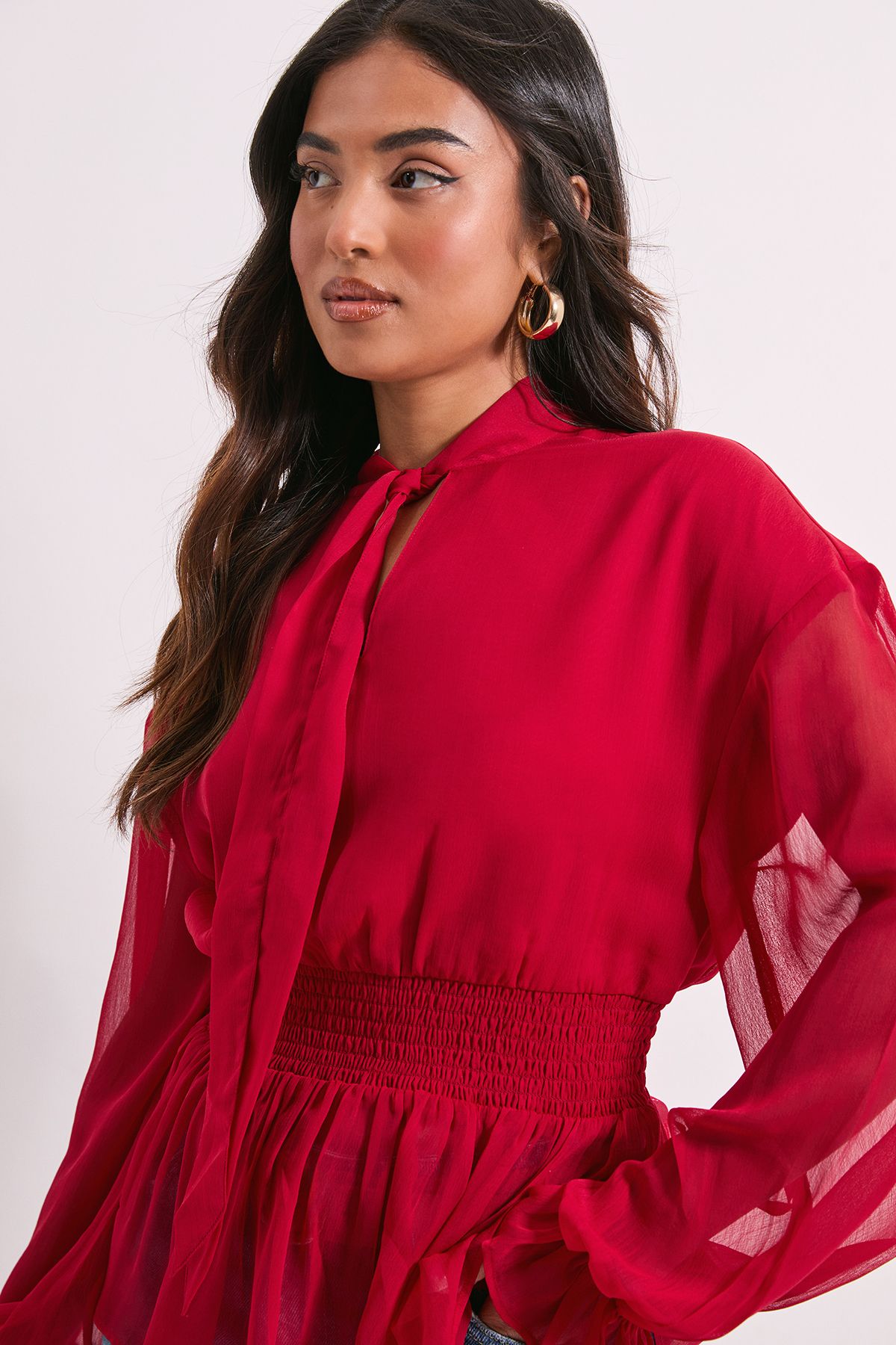 Dorothy Perkins Petite Tie Neck Shirred Waist Boho Blouse Red image 4