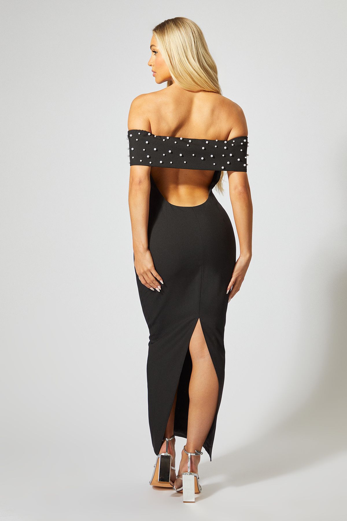 MissPap Bardot Pearl Embellished Maxi Dress Black image 4