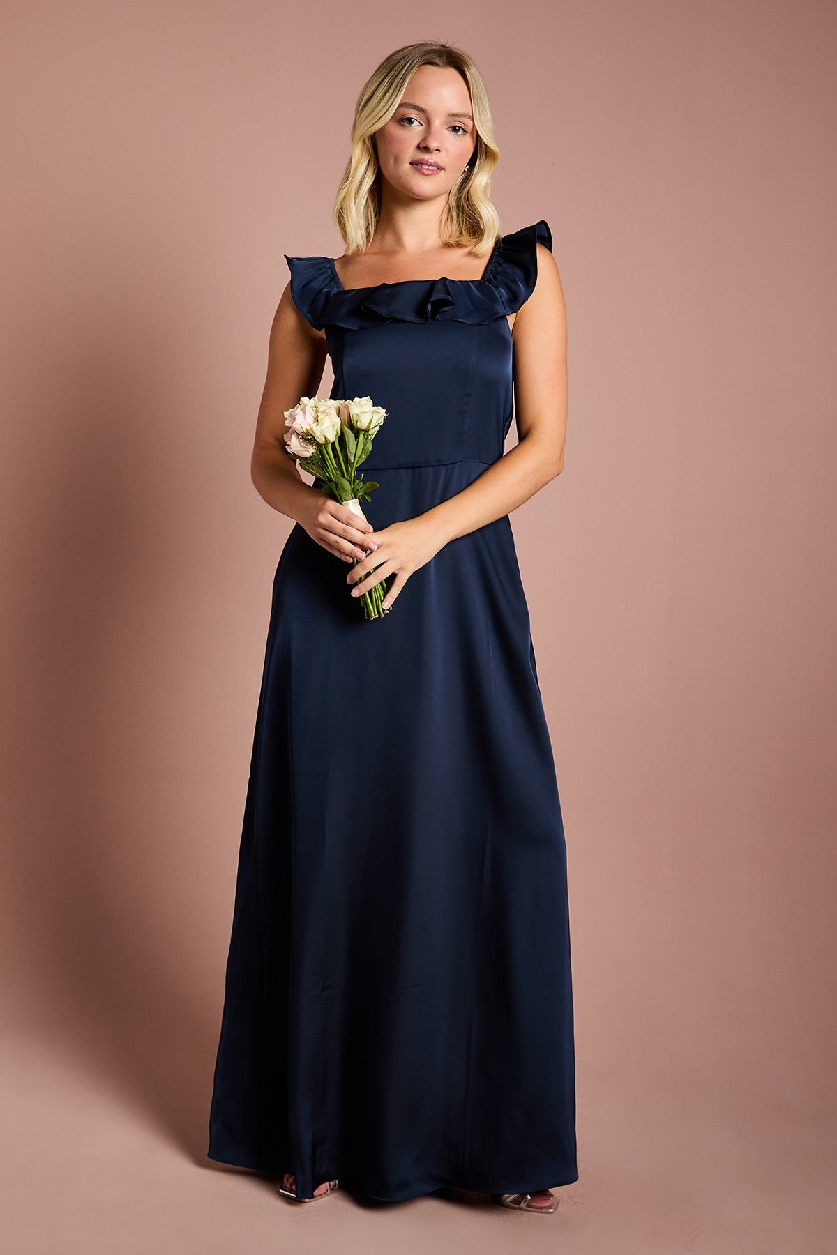 Coast Teen Coast Ruffle Strap Satin Bridesmaid Dress Navy image 1