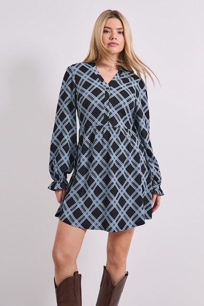Dorothy Perkins Gingham Button Detail Blouson Sleeve Jersey Mini Dress Gingham