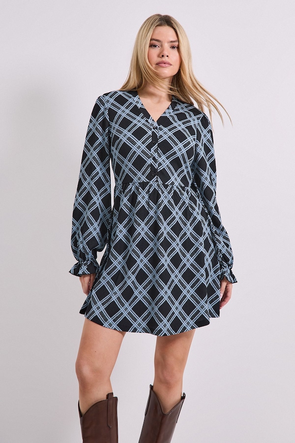 Dorothy Perkins Gingham Button Detail Blouson Sleeve Jersey Mini Dress Gingham