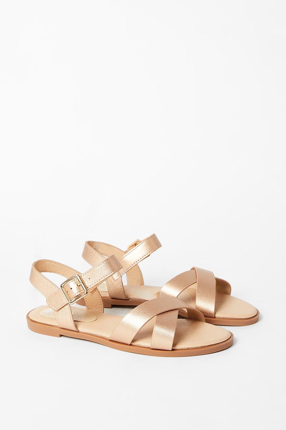 Dorothy Perkins Wide Fit Florence  Faux Leather Cross Strap Flat Sandals Rose Gold image 3