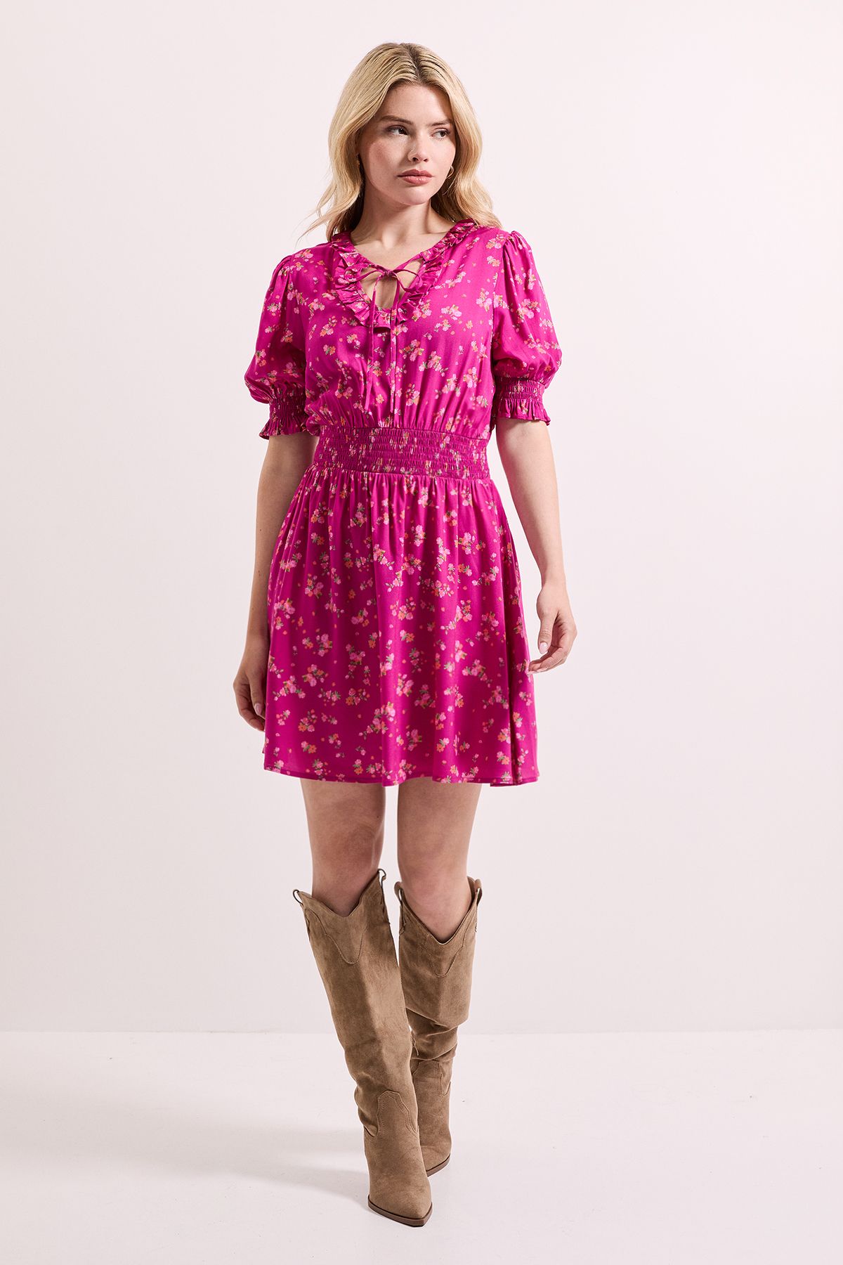 Dorothy Perkins Pink Floral Shirred Waist Tie Neck Mini Dress Pink image 1