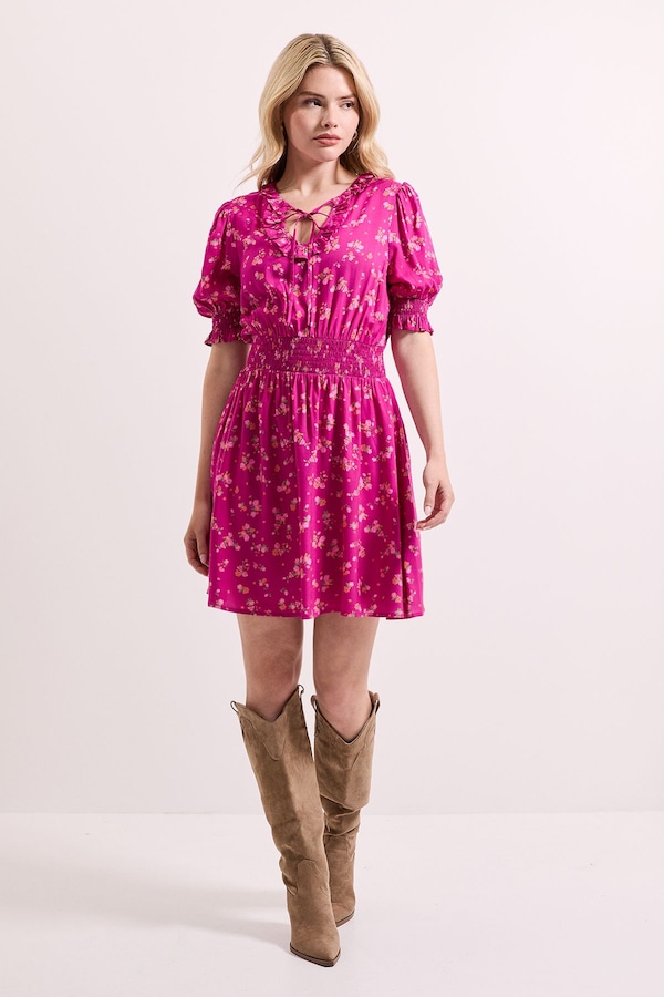 Dorothy Perkins Pink Floral Shirred Waist Tie Neck Mini Dress Pink