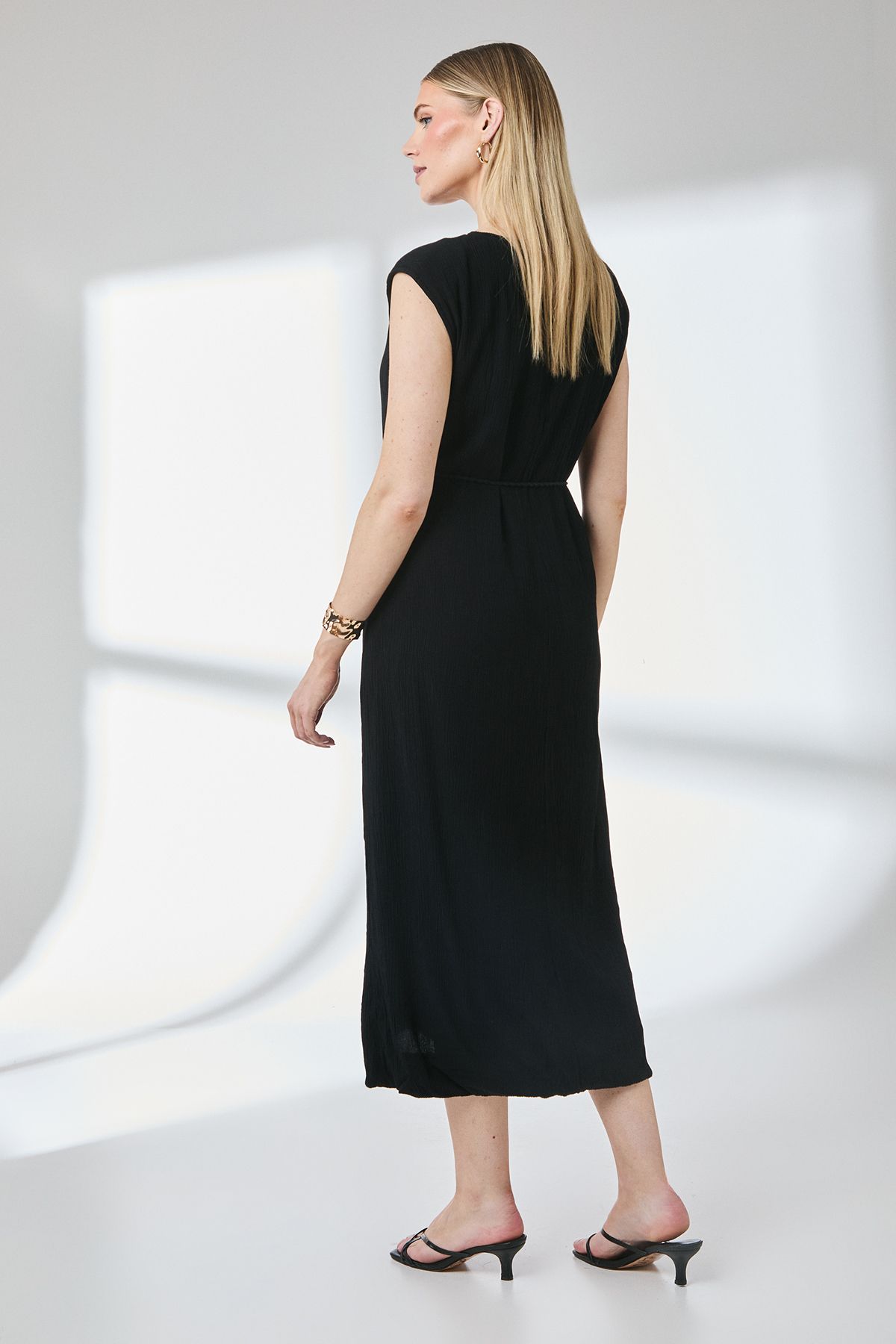 Principles Crinkle Viscose Tie Waist Column Midi Dress Black image 4