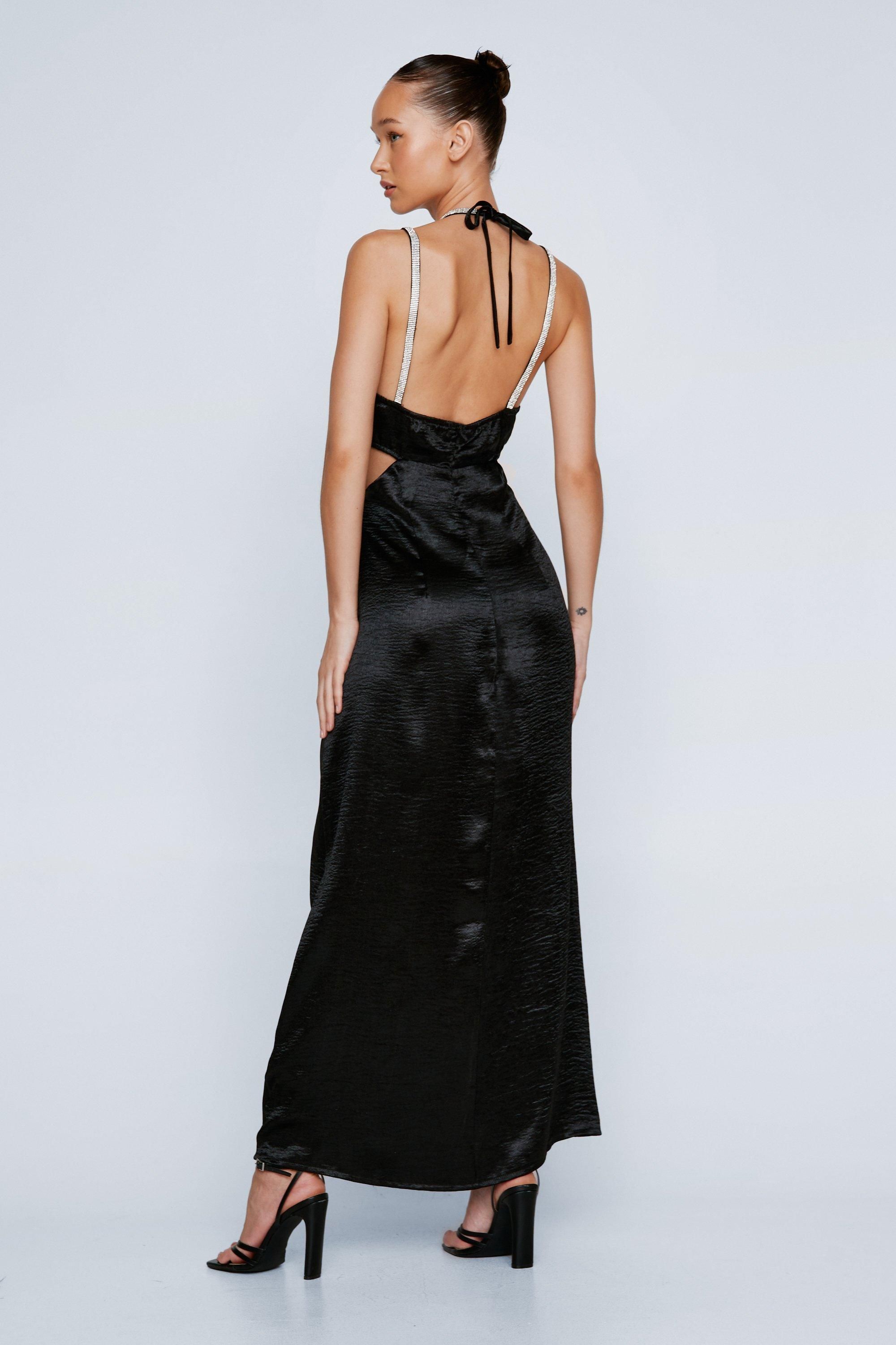 NastyGal Diamante Strap Cut Away Satin Dress Black image 4