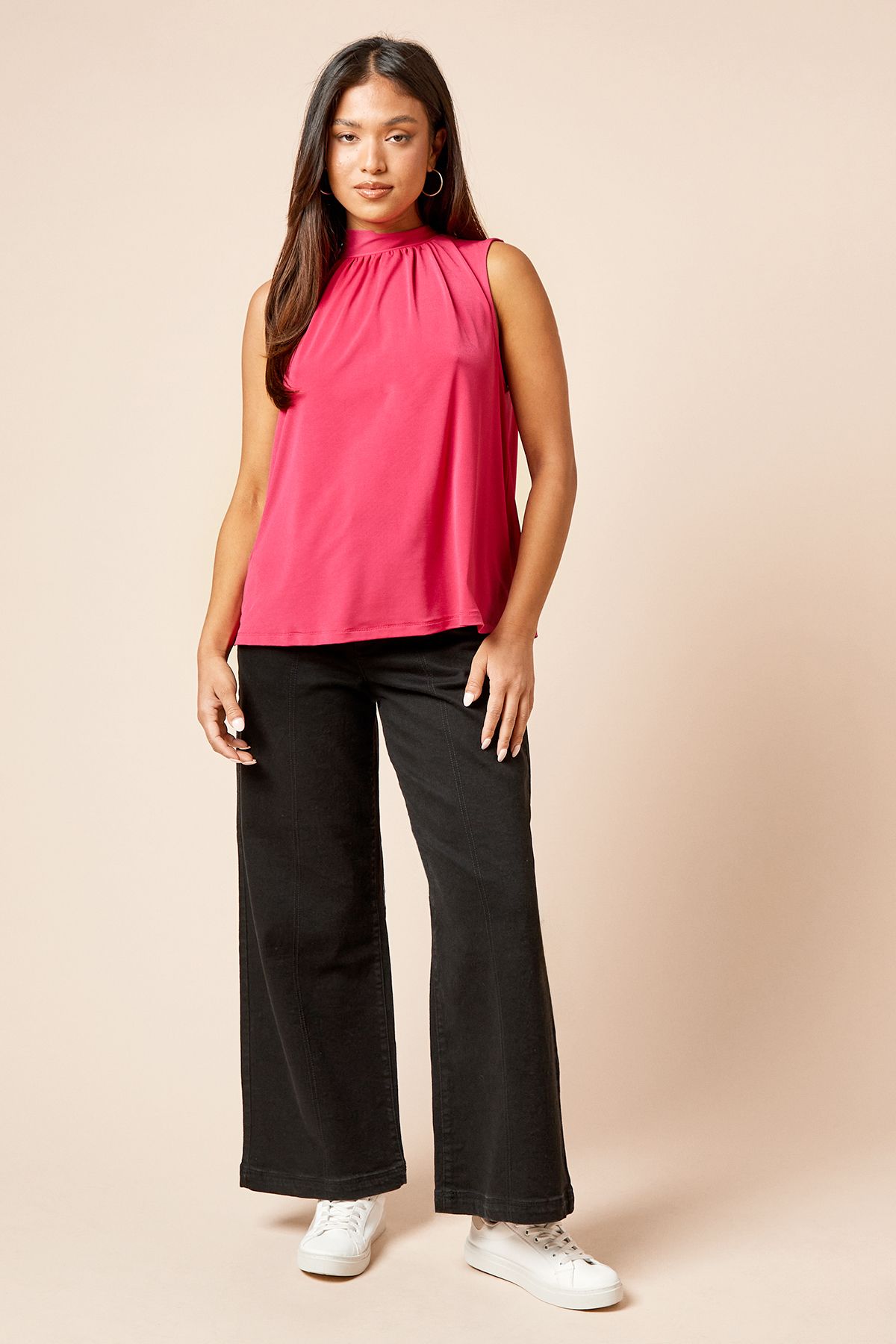 Dorothy Perkins Petite High Neck Tie Back Jersey Top Hot Pink image 2