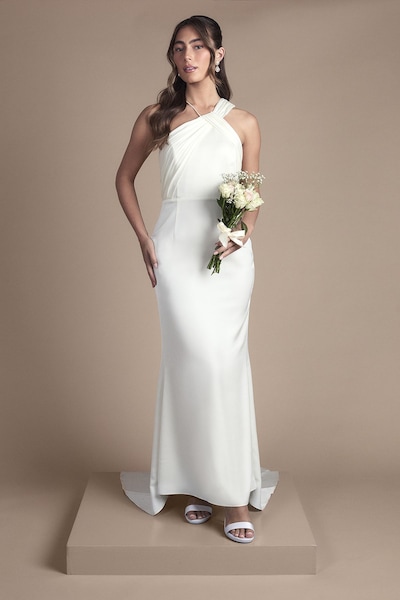 Coast Pleat Detail Halter Neck Fishtail Satin Maxi Wedding Dress Ivory