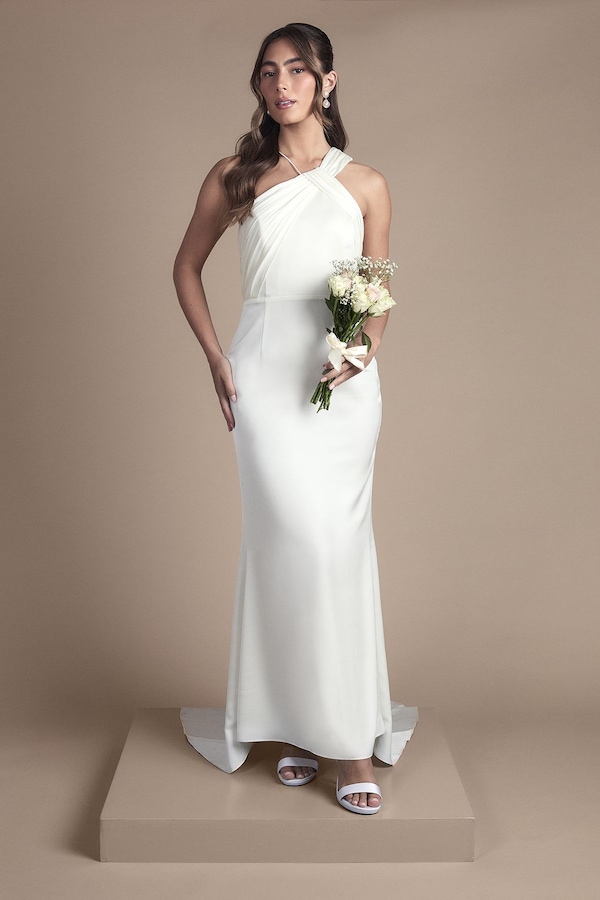 Coast Pleat Detail Halter Neck Fishtail Satin Maxi Wedding Dress Ivory
