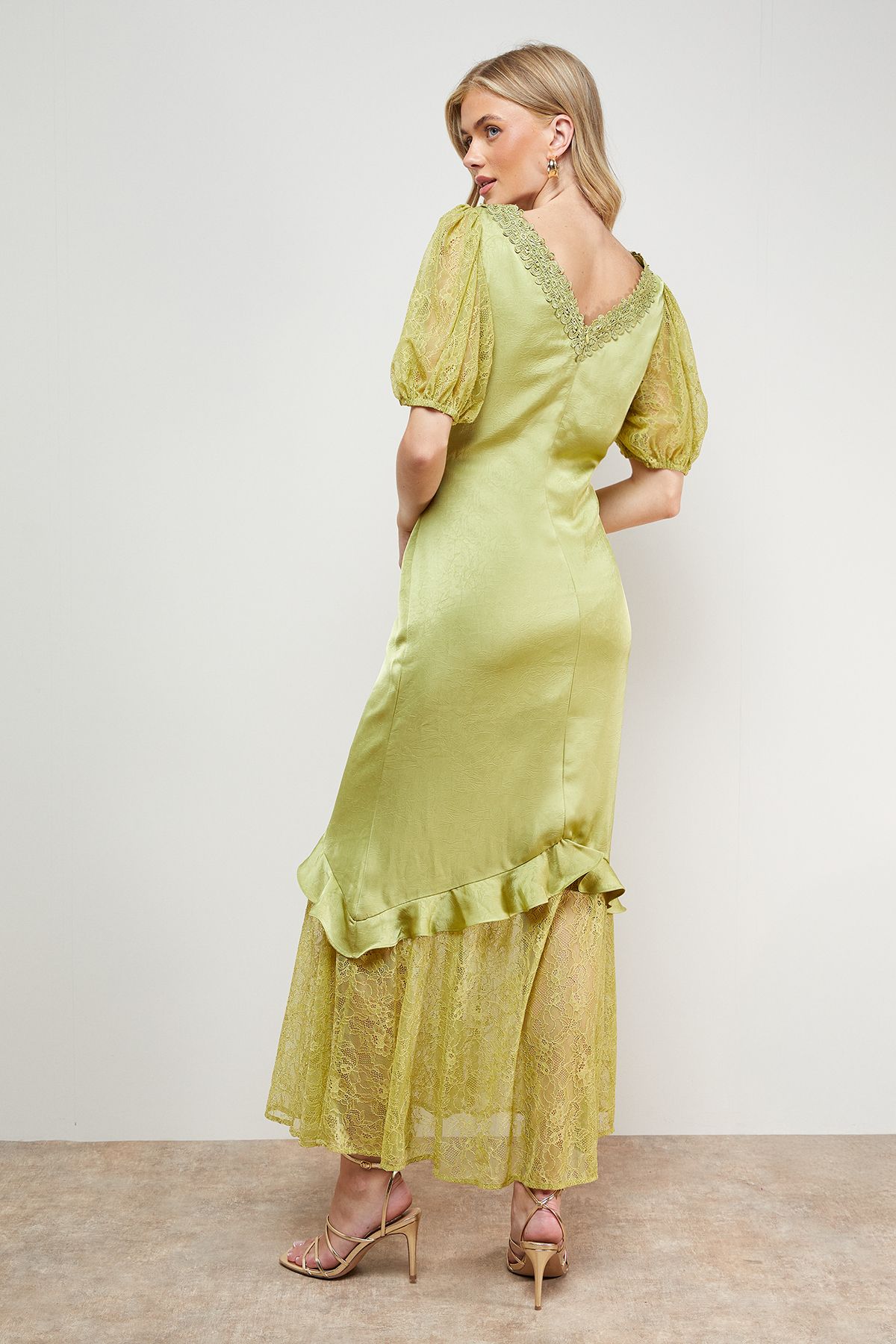 Oasis Plain Lace Frill Detail Puff Sleeve Midi Dress Chartreuse image 4