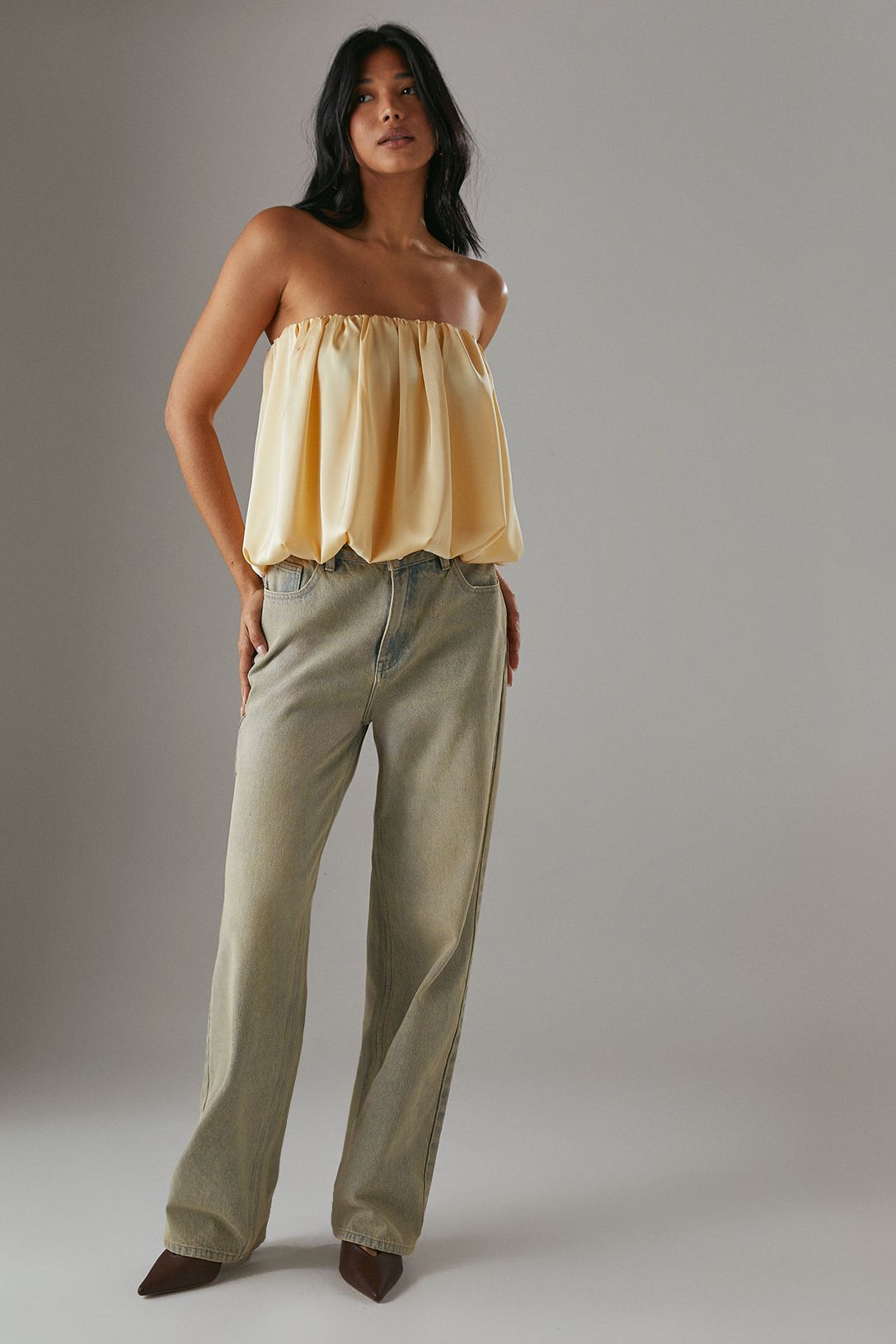 Warehouse Satin Bubble Bandeau Bodysuit Butter image 2