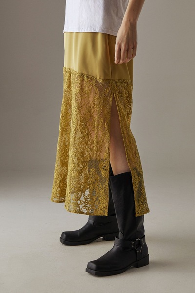 Warehouse Satin Lace Mix Maxi Skirt Olive