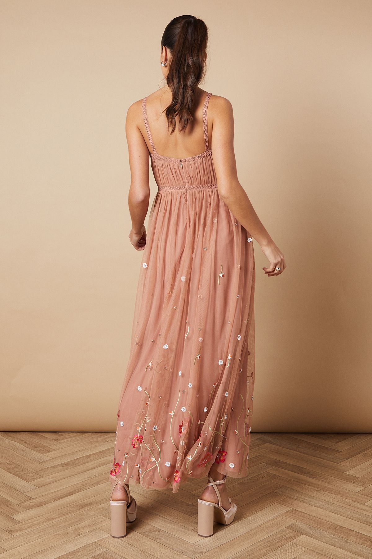 Oasis Hand Embellished Floral Detail Tulle Midi Dress Dusky Pink image 3