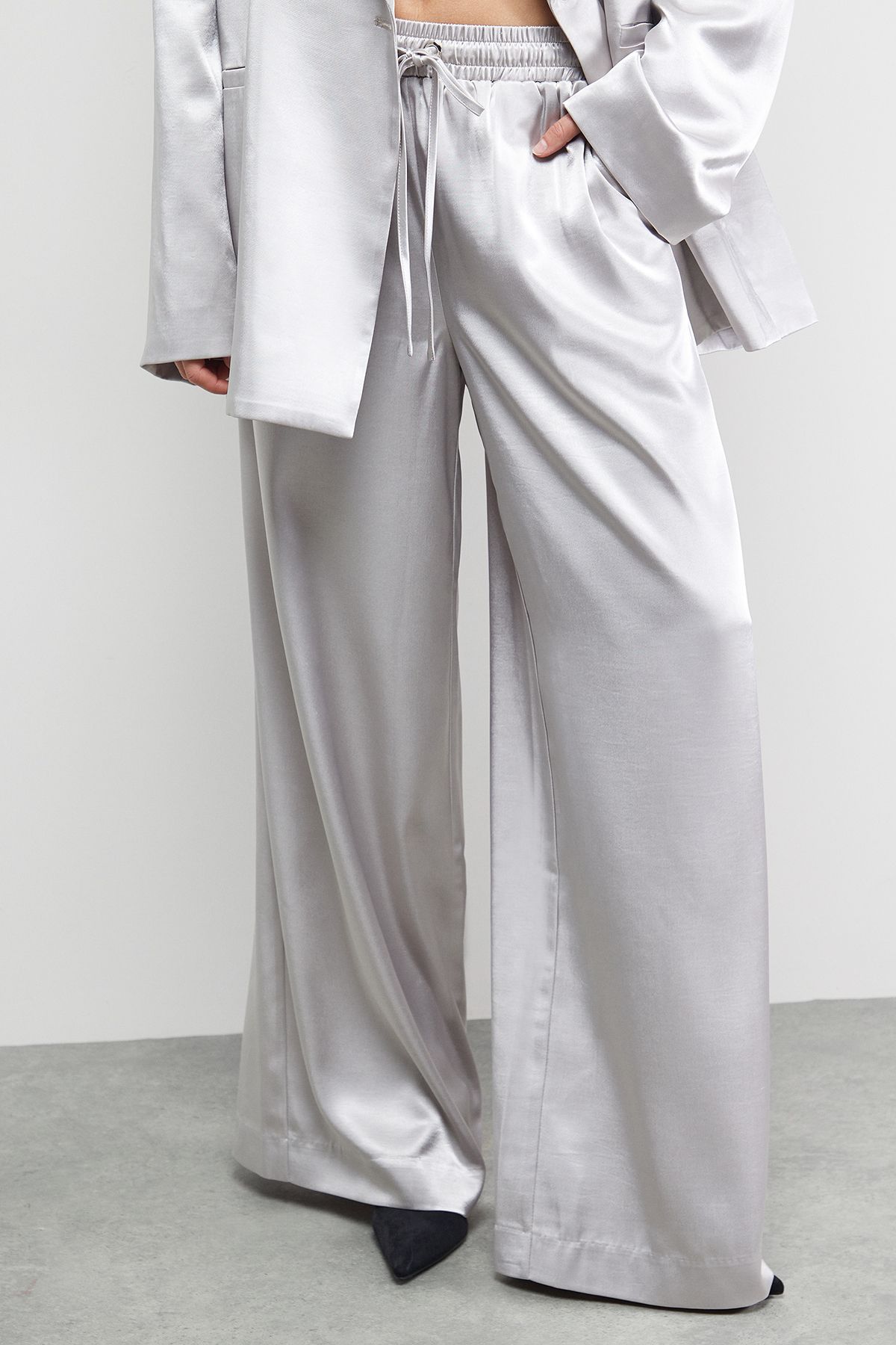 Warehouse High Shine Satin Drawstring Trousers Co-ord Silver image 2