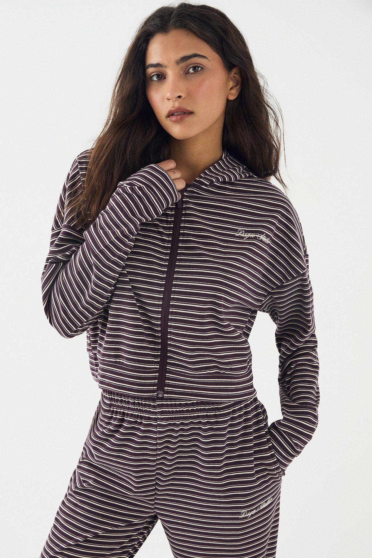 DSGN Studio DSGN Studio Soft Stripe Boxy Crop Zip Through Hoodie Plum image 1