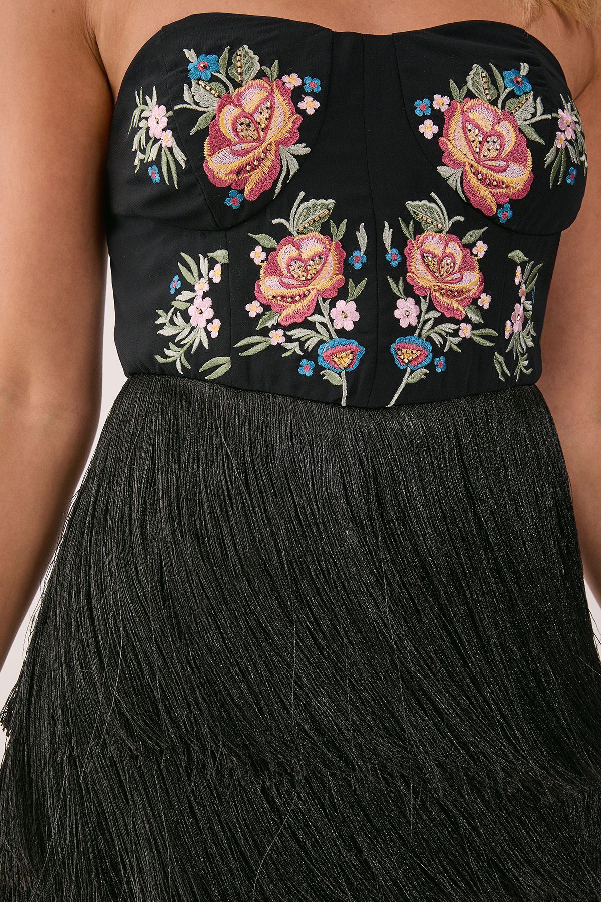 NastyGal Limited Hand Embroidered Beaded Bandeau Fringe Tiered Mini Dress Black image 4