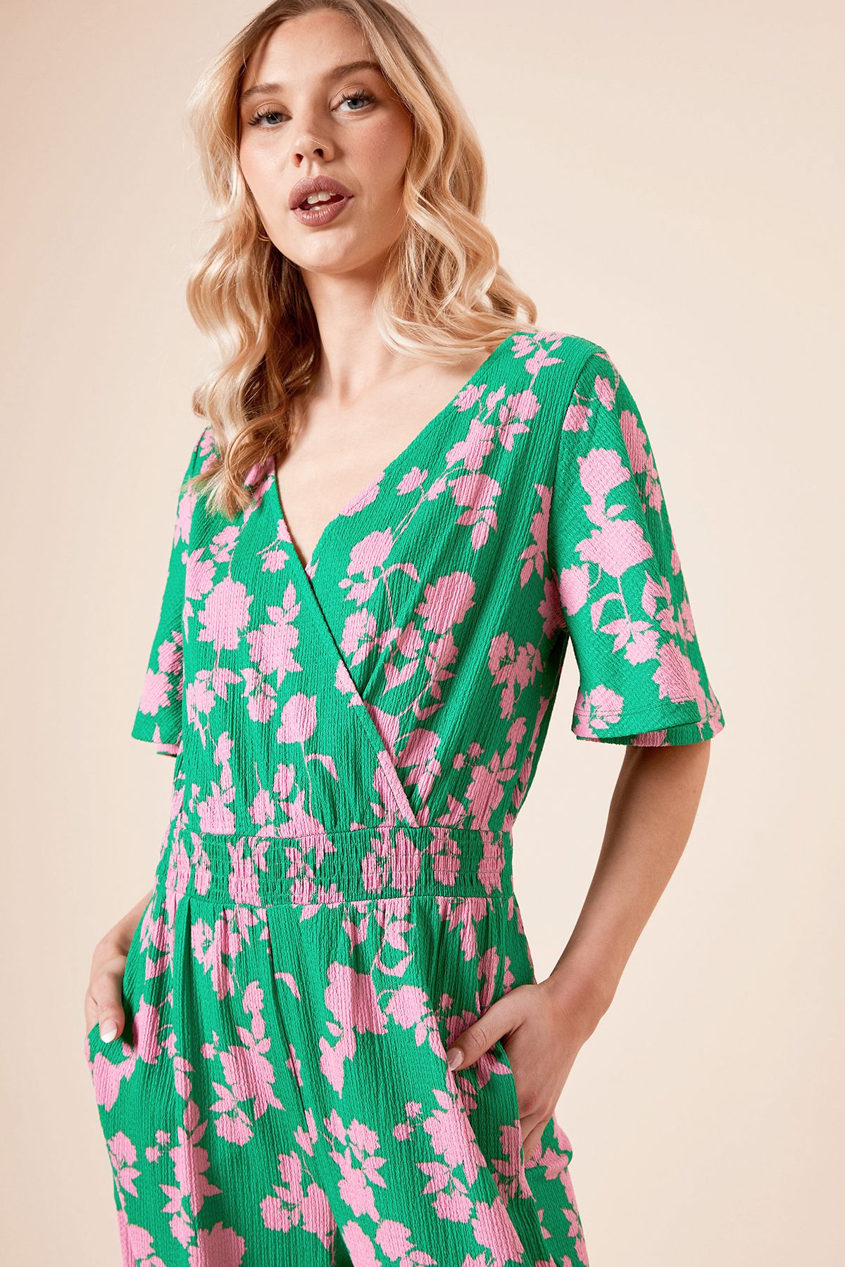 Dorothy Perkins Green Floral Wrap Front Angel Sleeve Jersey Jumpsuit Green image 4