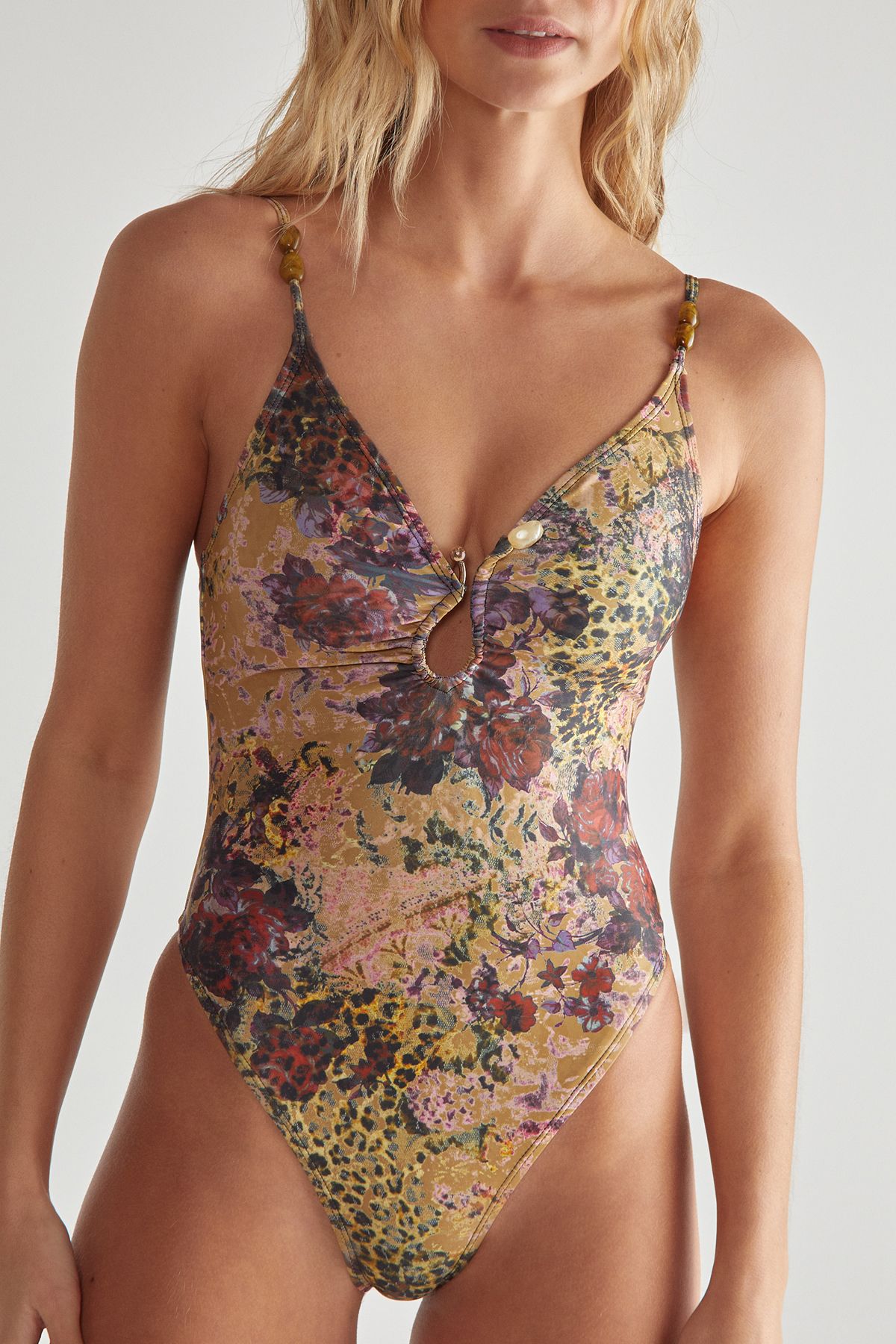 NastyGal Floral Animal Abstract Ring Beaded Swimsuit Brown image 2