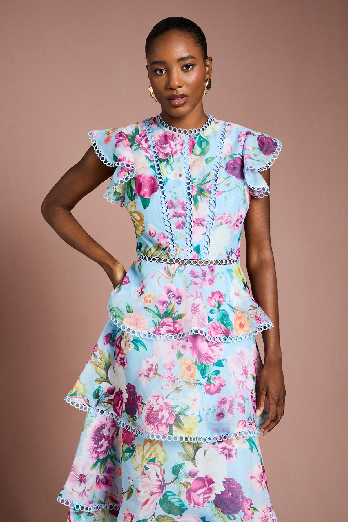 Coast Lace Trim Tiered Organza Midi Dress Pale Blue image 2