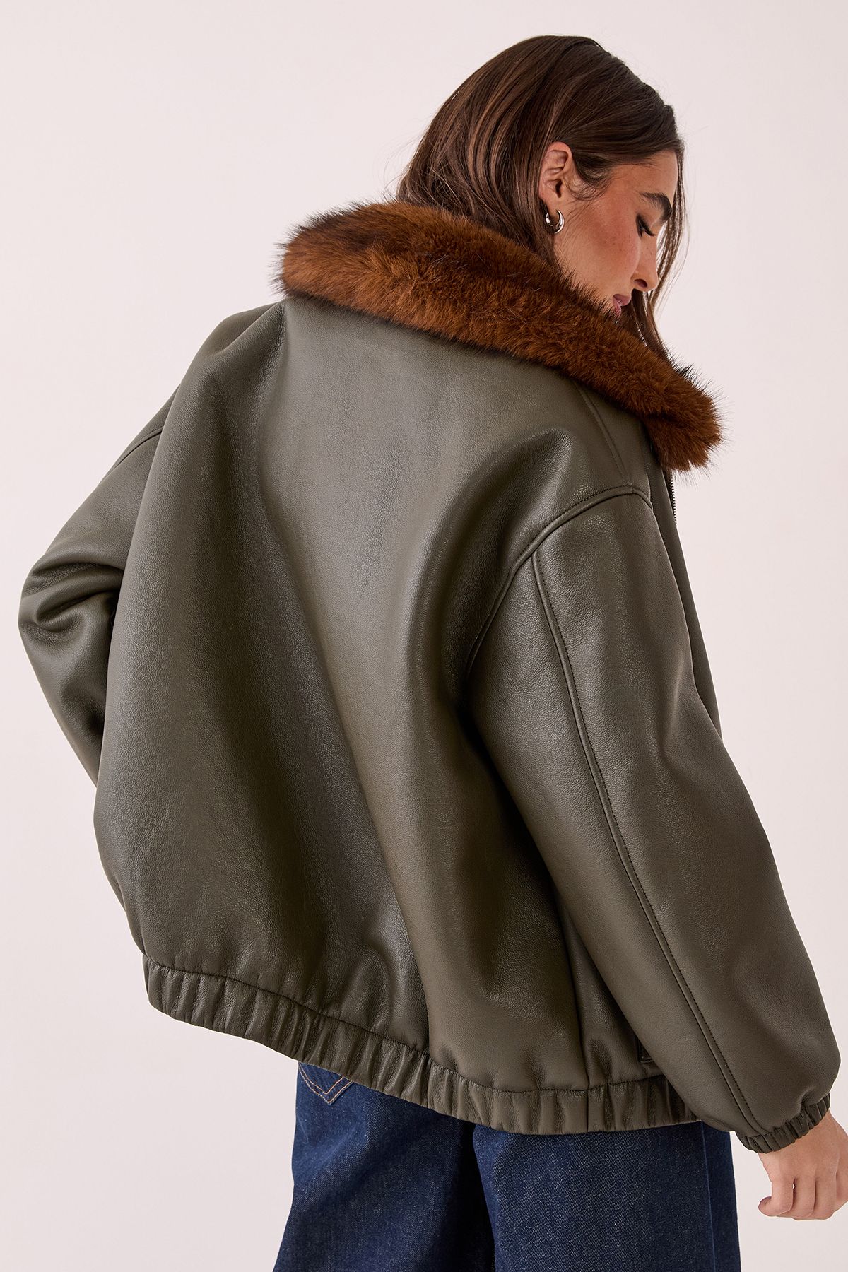 NastyGal PU Oversized Faux Fur Collar Bomber Jacket Khaki image 4