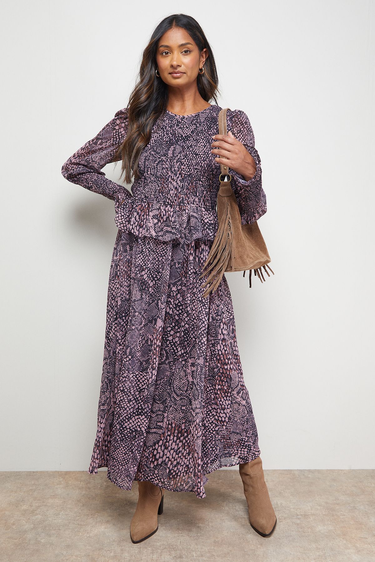 Oasis Western Shirred Bodice Long Sleeve Dress Multi image 1