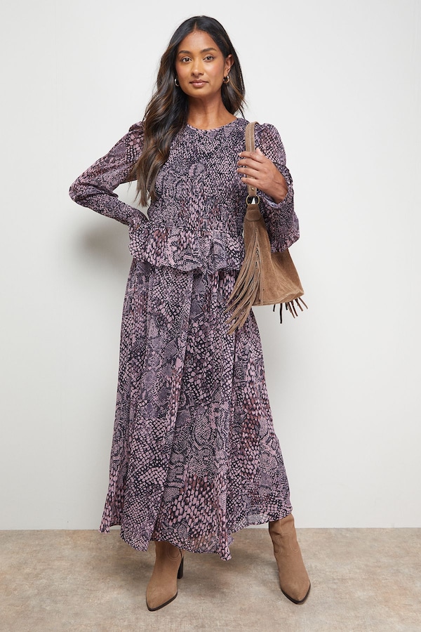 Oasis Western Shirred Bodice Long Sleeve Dress Multi