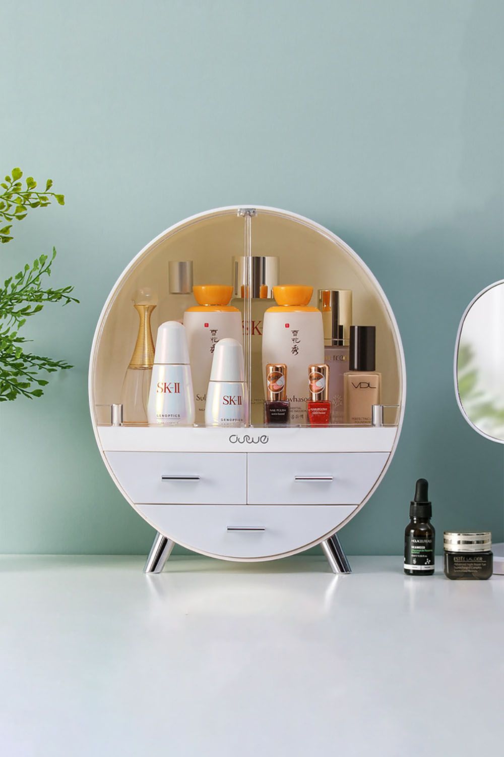 Living and Home 34CM High Round Transparent Cosmetic Display Box With 3 Drawers Storage Box image 5