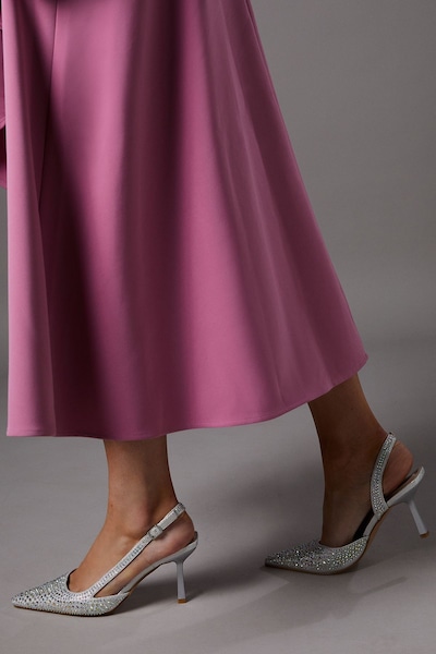 Coast Tigerlilly Diamante Glitter Textile Sling Back High Stiletto Heel Court Shoes Silver