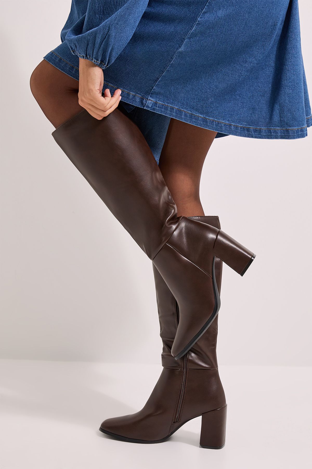 Dorothy Perkins Kristen Faux Leather Square Toe High Heel Knee Boots Brown image 2
