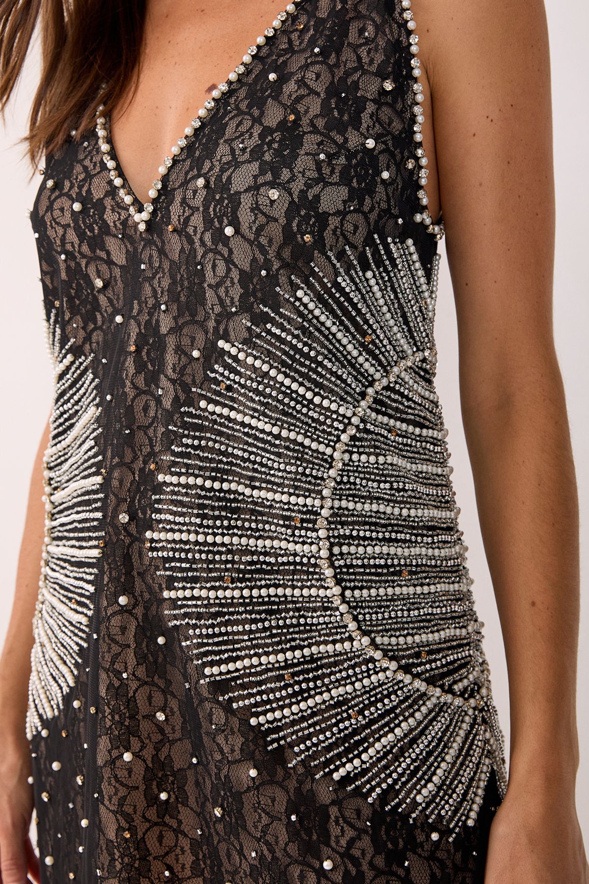 NastyGal Embellished Placement Contrast Lace Plunge Sequin Mini Dress Black image 4