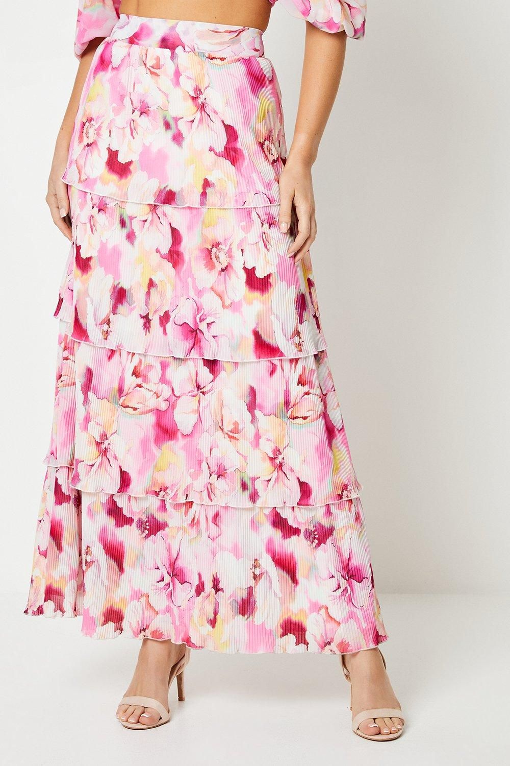 Oasis Floral Pleated Tiered Maxi Skirt Pink