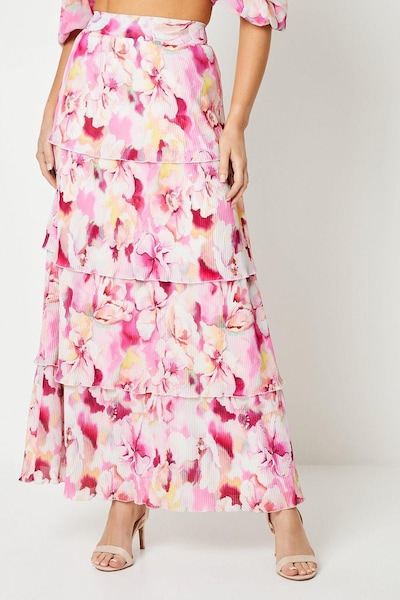 Oasis Floral Pleated Tiered Maxi Skirt Pink