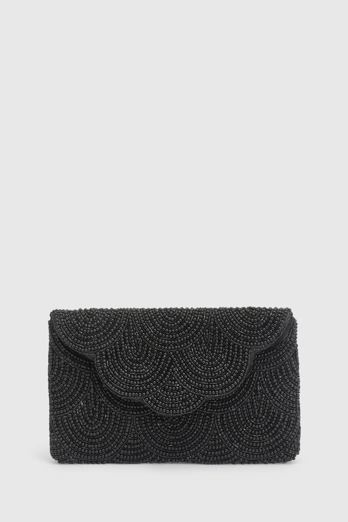 Coast Pearl Beaded Scallop Clutch Bag With Shoulder Strap Black