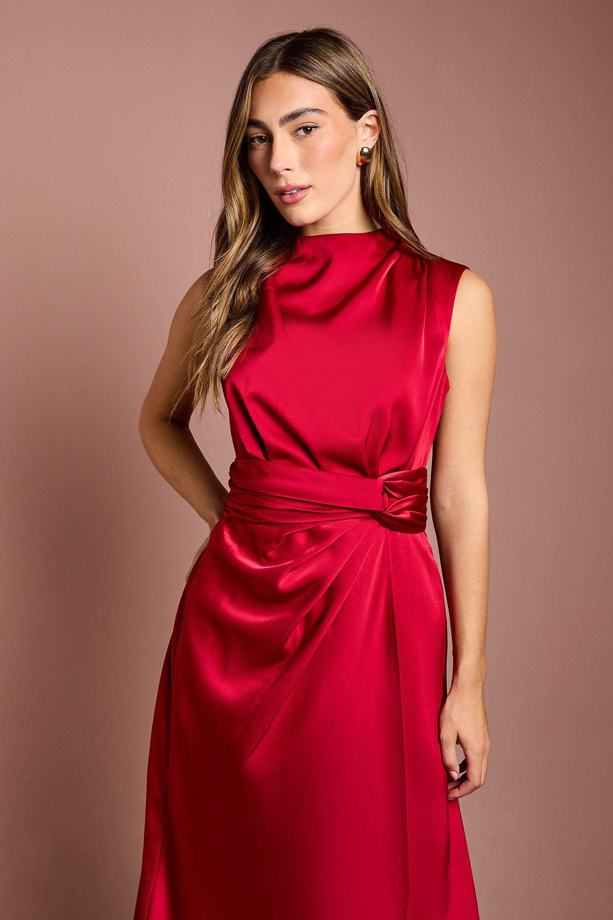 Coast Satin Midi Dress With Twist Waist Red image 2