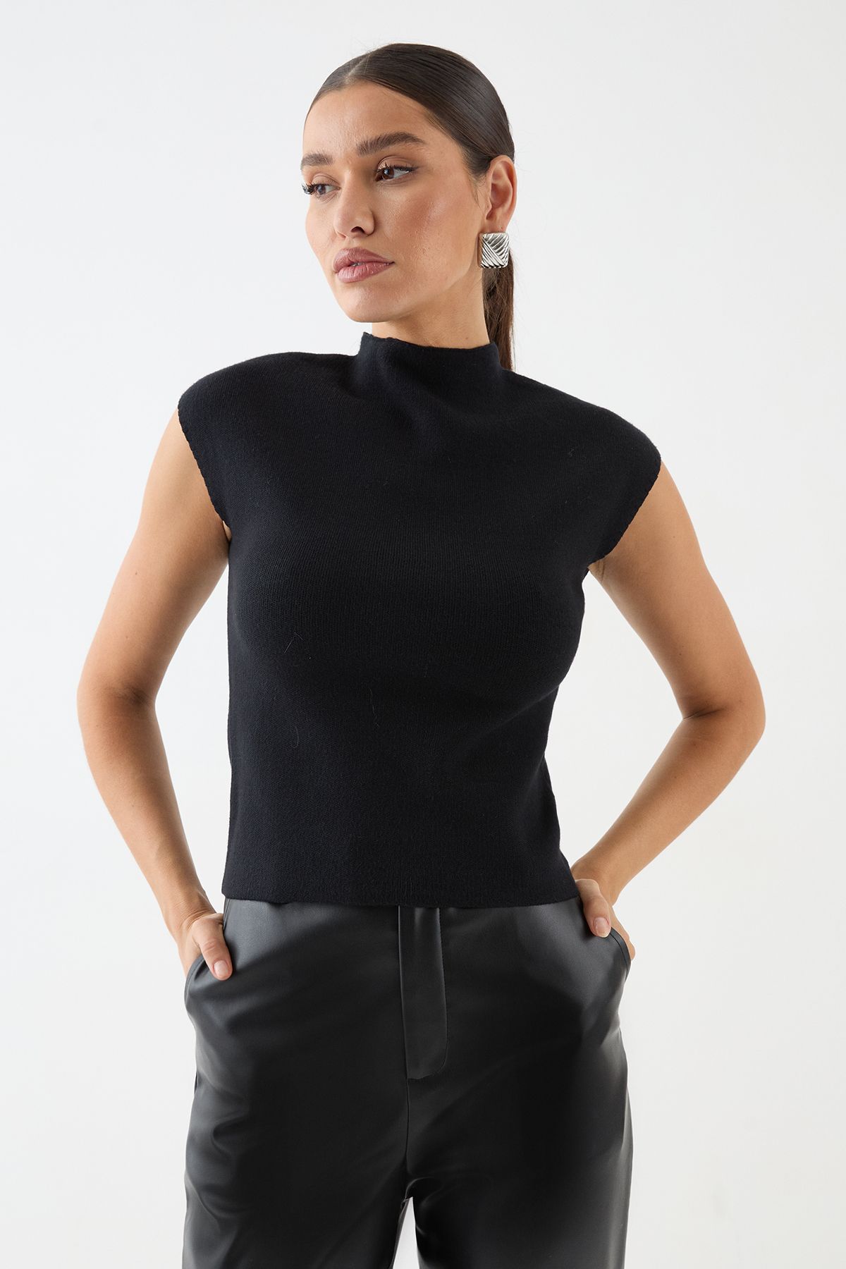MissPap Premium High Neck Knitted Capped Sleeve Top Black image 1