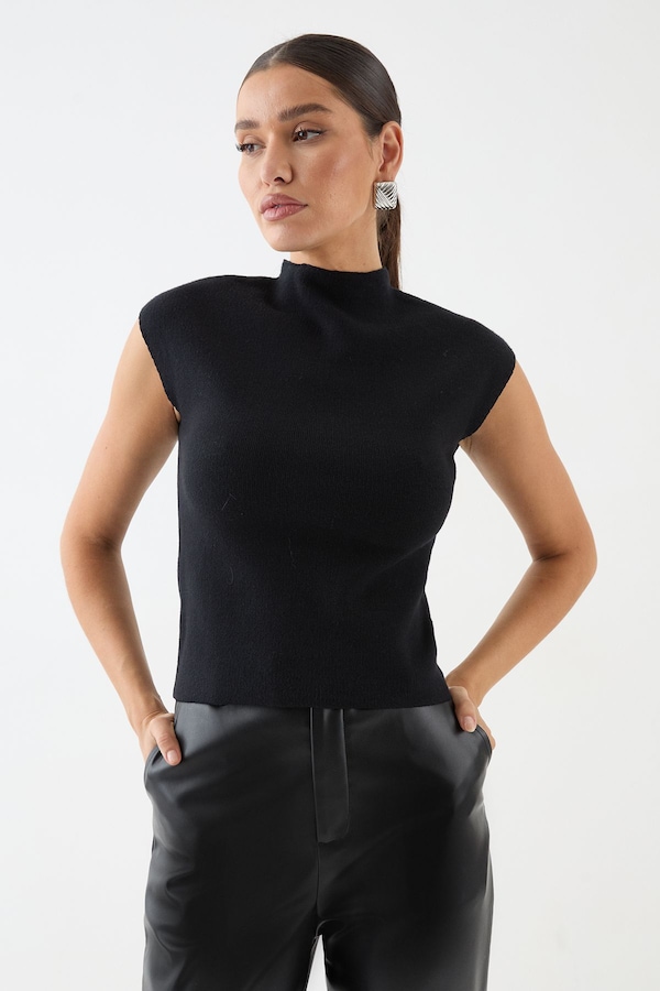 MissPap Premium High Neck Knitted Capped Sleeve Top Black