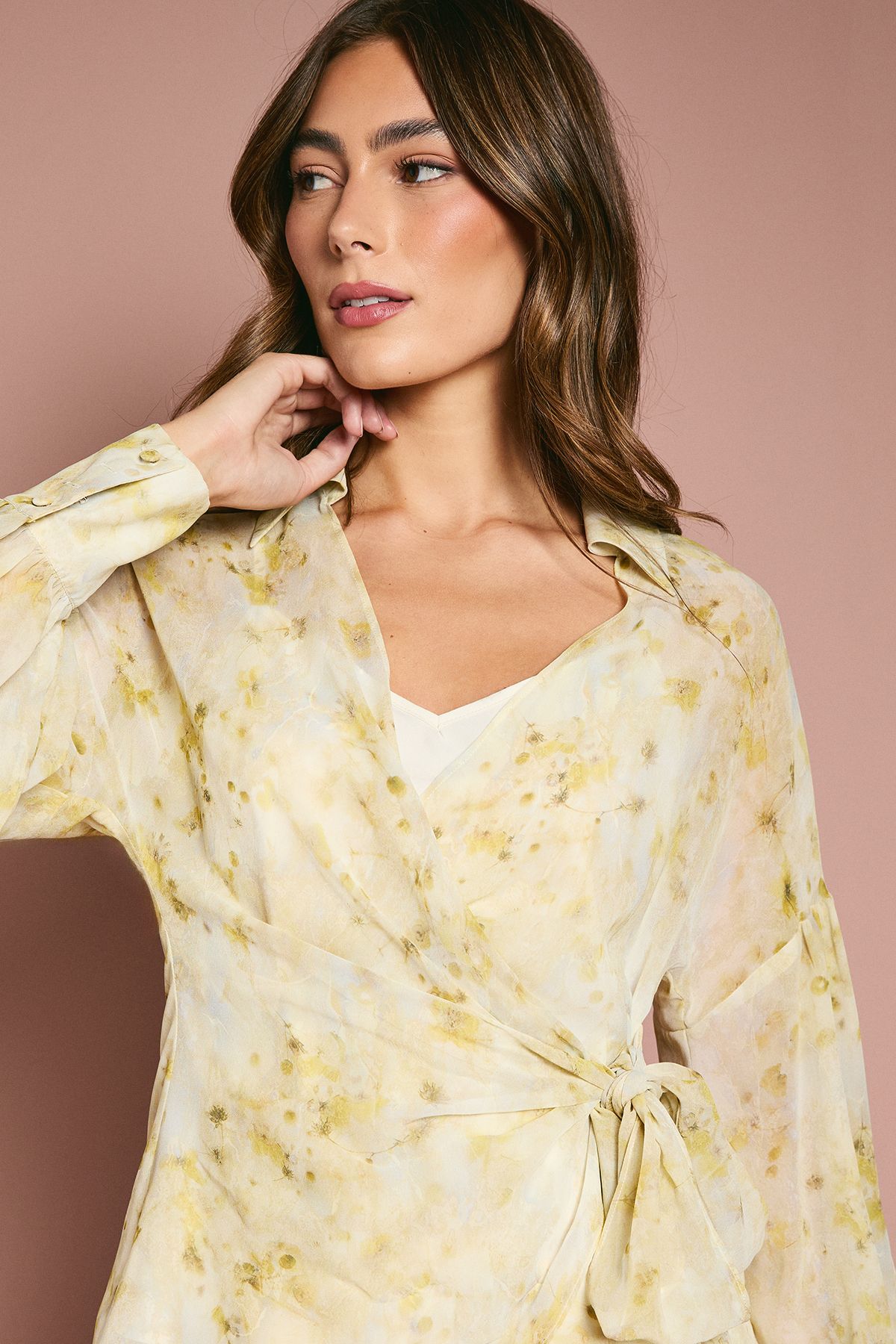 Coast Printed Chiffon Wrap Top Yellow image 3