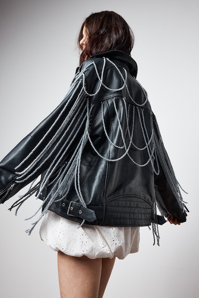 NastyGal Real Leather Pearl Trim Detail Jacket Black