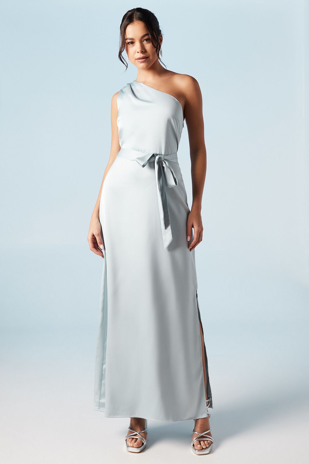 Oasis Oasis by Coast One Shoulder Satin Maxi Bridesmaid Dress Light Blue