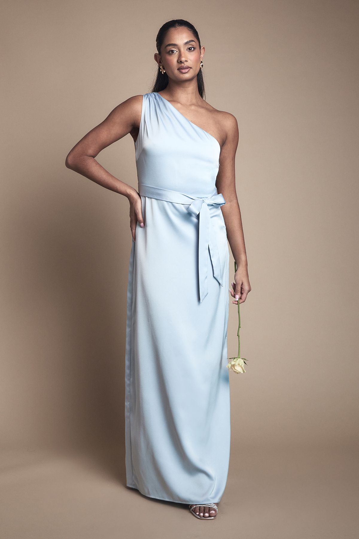 Oasis One Shoulder Satin Maxi Bridesmaid Dress Light Blue
